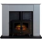 Acantha Montara Crystal White Marble Fireplace with Downlights & Woodhouse Electric Stove in Bla