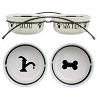 Trixie Raised Bowl Twin Set Dog Cat Food Water Ceramic 5" Non Slip Metal Stand