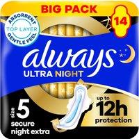 Always Ultra Sanitary Towels Secure Night Extra (Size 5) With Wings 14 Pads