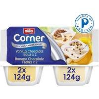Mller Corner Vanilla Chocolate Balls and Banana Chocolate Flakes Yogurts
