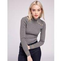 High Neck Buttoned Jumper in Ribbed Fine Knit