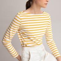 Striped Cotton T-Shirt with Boat Neck and Long Sleeves