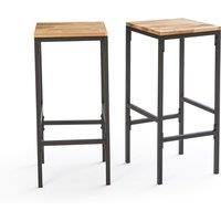 Set of 2 Hiba Wood & Metal High Bar Stools