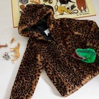 Leopard Print Hooded Coat in Faux Fur, 3-14 Years
