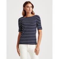 Striped Cotton T-Shirt with Boat Neck and 3/4 Length Sleeves