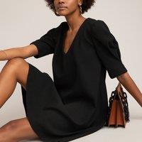 V-Neck Shift Dress with Short Puff Sleeves