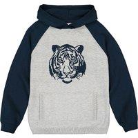 Organic Cotton Knitted Hoodie with Tiger Print in Fine Knit, 3-12 Years