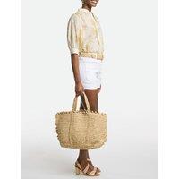 Raffia Medium Tote Bag with Pom Pom Trim