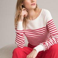 Striped Organic Cotton Jumper in Fine Knit with Boat Neck