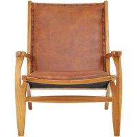 Laid Back Brown Leather and Natural Teak Wood Mid Century Chair