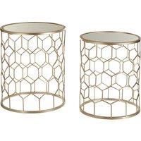 Set of 2 Round Side Tables with Mirror Top in Champagne Iron