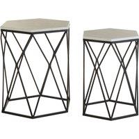 Set of 2 Hexagonal Side Tables in White Marble and Black Steel