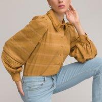 Cotton Mix Shirt with Ruffled Peter Pan Collar and Long Sleeves