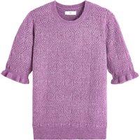Recycled Openwork Jumper in Fine Brushed Knit with Short Ruffled Sleeves