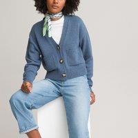 Cropped Buttoned Cardigan in Recycled Cotton Mix with V-Neck
