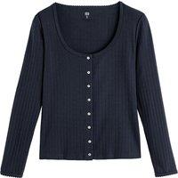 Ribbed Cotton Mix T-Shirt with Scoop Neck and Long Sleeves