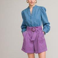 Denim Mandarin Collar Blouse with Long Puff Sleeves