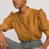 Recycled Mandarin Collar Blouse with Short Ruffled Sleeves
