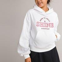 Text Print Cropped Hoodie in Cotton Mix