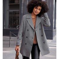 Houndstooth Check Pea Coat in Wool Mix, Mid-Length