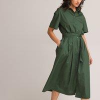 Cotton Midaxi Shirt Dress with Tie-Waist