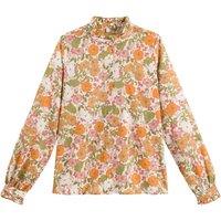 Floral Print Cotton Shirt with Ruffled High Neck, Made in Europe