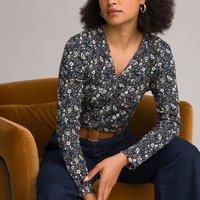 Printed Cotton T-Shirt with V-Neck and Long Sleeves