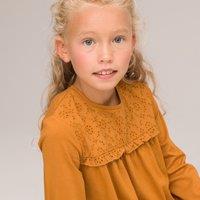 Cotton Embroidered, Ruffled T-Shirt with Long Sleeves