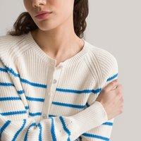 Breton Striped Jumper in Cotton Mix with Grandad Collar and Puff Sleeves