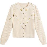 Recycled Puff Sleeve Cardigan with Embroidered Flowers