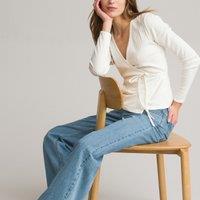 Pointelle Knit Wrapover T-Shirt in Cotton Mix