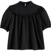 Cotton Ruffled T-Shirt with Puff Sleeves and High Neck