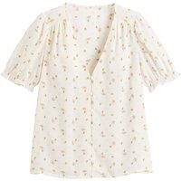 Recycled Floral Print Blouse with Short Puff Sleeves and V-Neck