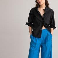 Ruffled Cotton Seersucker Blouse with High Neck
