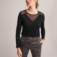 Cotton Crew Neck T-Shirt with Lace Panels and Long Sleeves