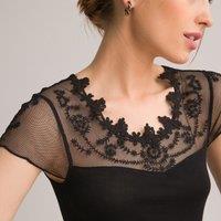 Guipure Lace Detail T-Shirt with Crew Neck and Short Sleeves