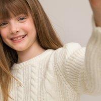 Puff Sleeve Jumper in Chunky Knit with Crew Neck