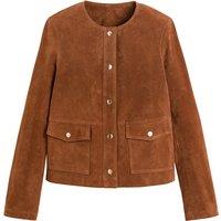 Suede Press-Stud Jacket with Round Neck