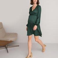 Recycled Maternity Dress with Crossover Neck and Puff Sleeves