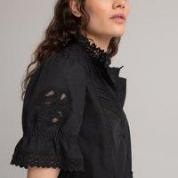Cotton High Neck Shirt with Short Puff Sleeves and Ruffles