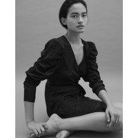 Jacquard Wrapover Midi Dress with Puff Sleeves