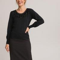 Guipure Lace Detail Jumper with Crew Neck in Fine Knit