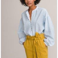 Striped Cotton Blouse with Mandarin Collar and Long Puff Sleeves