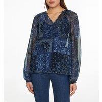 Paisley Print Voile Blouse with V-Neck and Long Sleeves