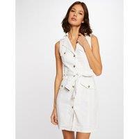 Sleeveless Tailored Dress in Cotton Mix with Tie-Wast