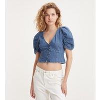 Denim Cropped Blouse with Puff Sleeves