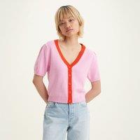 Cotton Mix Short Cardigan with Puff Sleeves and V-Neck