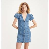 Denim V-Neck Mini Dress with Short Puff Sleeves
