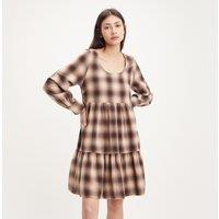 Checked Cotton Mini Dress with Crew Neck and Long Sleeves