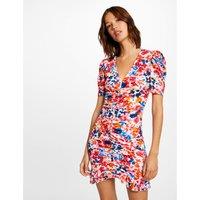 Gathered Fitted Mini Dress in Floral Print with Puff Sleeves